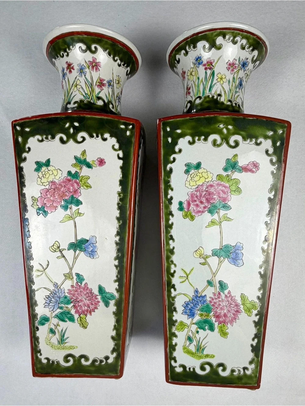 Hand-Painted Floral Porcelain Vase Pair - Green & Pink